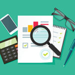 Auditor work desk, accounting business research, financial audit, tax report