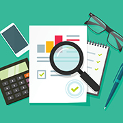 Auditor work desk, accounting business research, financial audit, tax report