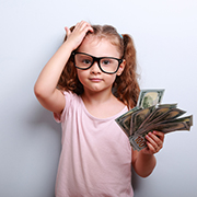 Small professor in eye glasses scratching head, holding money