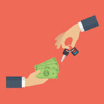 Hand holding car key and other hand holding money cash