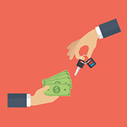 Hand holding car key and other hand holding money cash